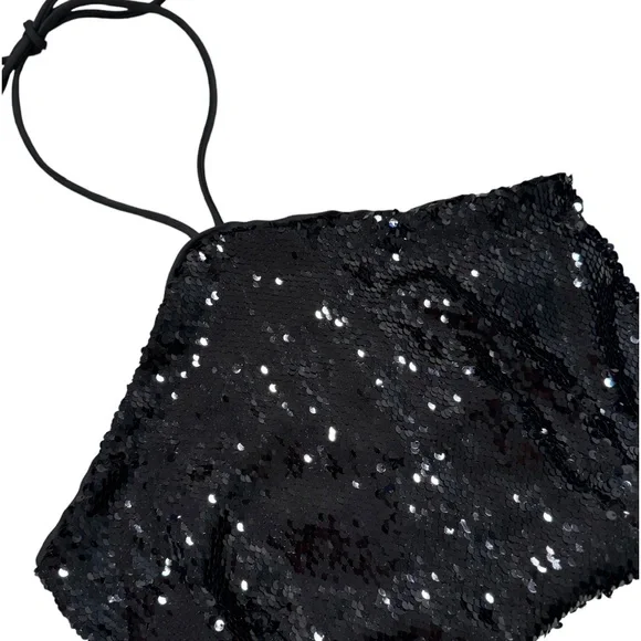 NWOT HOUSE OF HARLOW 1960 Black Sequin Halter Crop Top XS - Picture 2 of 5